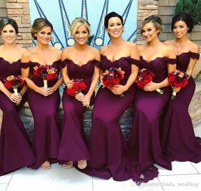 Mermaid 2023 Bridesmaid Purple Dresses Off Shoulder Straps Lace Applique Floor Length Beach Plus Size Wedding Guest Gowns Custom Made Formal Evening Wear