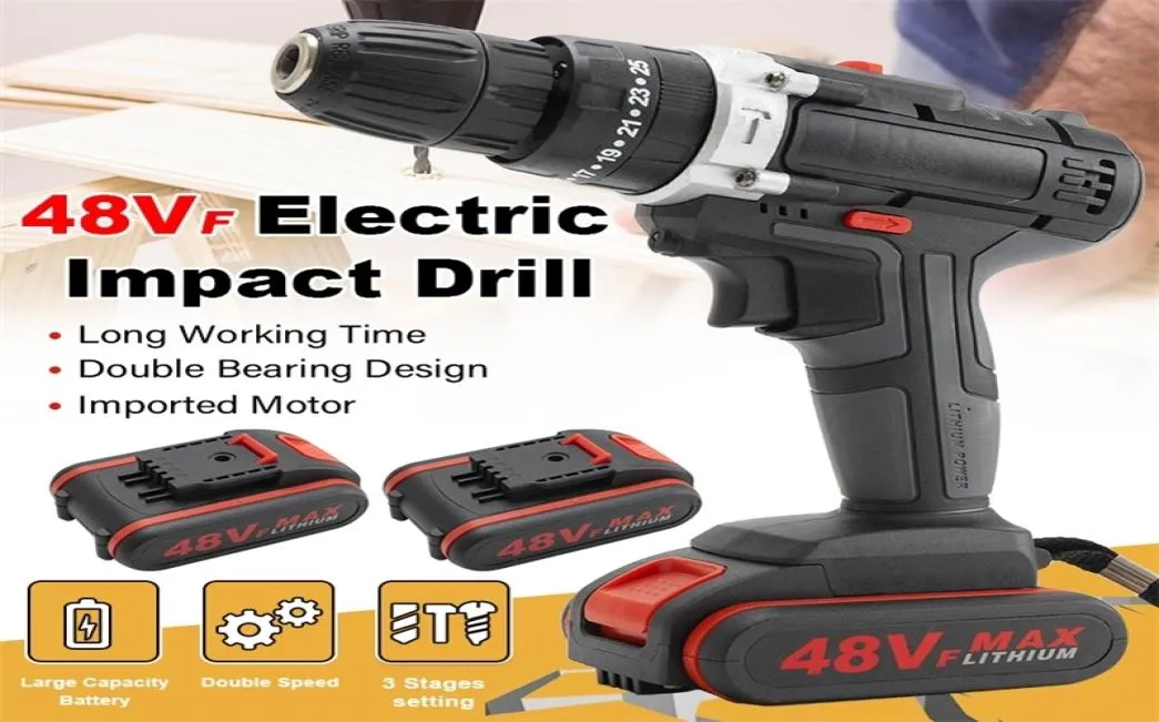 48VF Electric Drill Impact Drill Cordless Drill Wrench Electric Screwdriver Set with LED 2 SpeedBattery For Home Household 201225