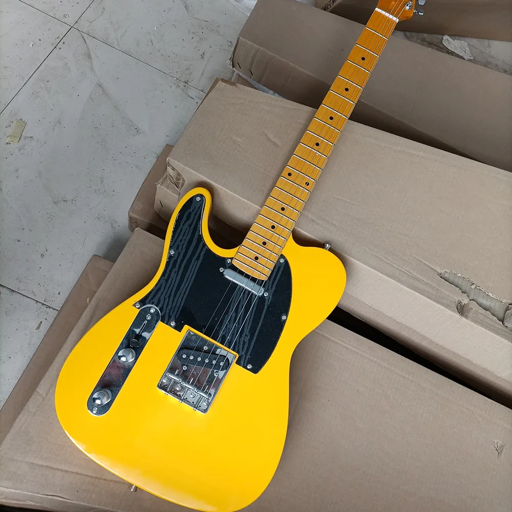 Lewa ręka 6 sznurków żółtą gitarę elektryczną z czarnym pickguard żółtą klonową fretboard konfigurowalny