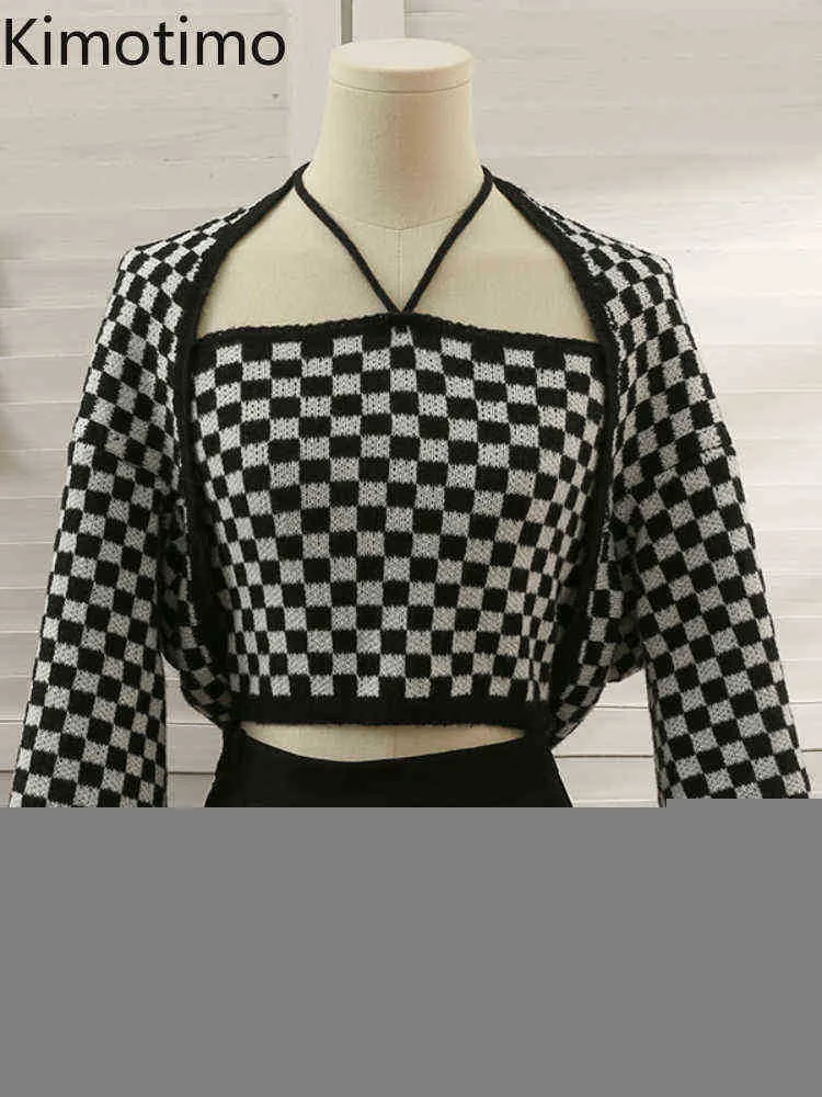 Kvinnors tröjor kimotimo checkerboard cardigan 2 styck uppsättningar kvinnor fransk oregelbunden kort långärmad stickad tröja retro botten halter väst j220915