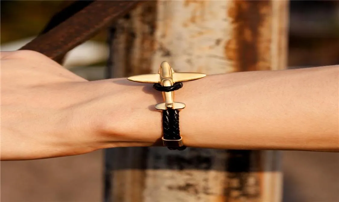 Fashion Gold Stainless Steel Anchor Airplane Bracelets With Vintage Genuine Leather Bracelet Men Women Homme Jewelry Charm1287960