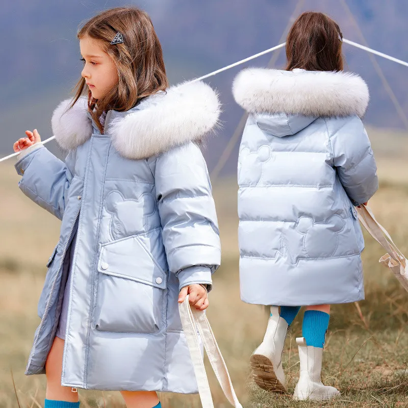 Вниз пальто зимняя куртка для девочки уклоняется в длинное пальто натуральный белый мех сгущение теплое капюшона верхняя одежда подростка для подростки.