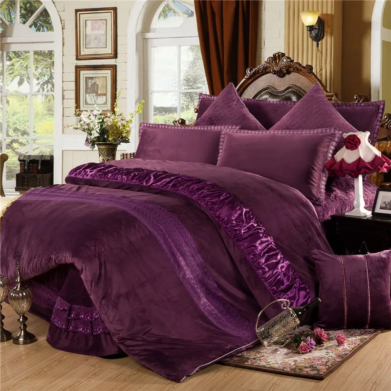 Bedding sets Winter Warm Thick Fleece Bedclothes Red Purple Grey Queen King size set 4 6Pcs Duvet cover Bed spread Pillowcases 221129