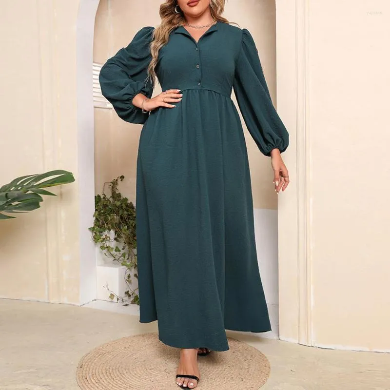 Plus Size Dresses Women Shirt Long Dress Trumpet Sleeve Soild Color Lapel Button Autumn Winter Elegant