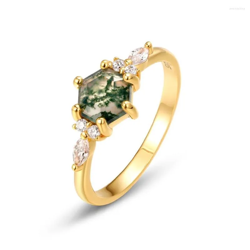 クラスターリングAllnoel Natural 7 7mm Moss Agate 925 Sterling Silver for Green Gemstone Gold Gold Glate