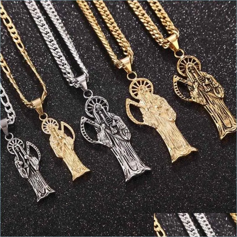 Hanger kettingen klassieke retro dood van angel santa muerte heren ketting 316l roestvrij staal sieraden mannen feestgeschenken drop dhgarden dhzmu