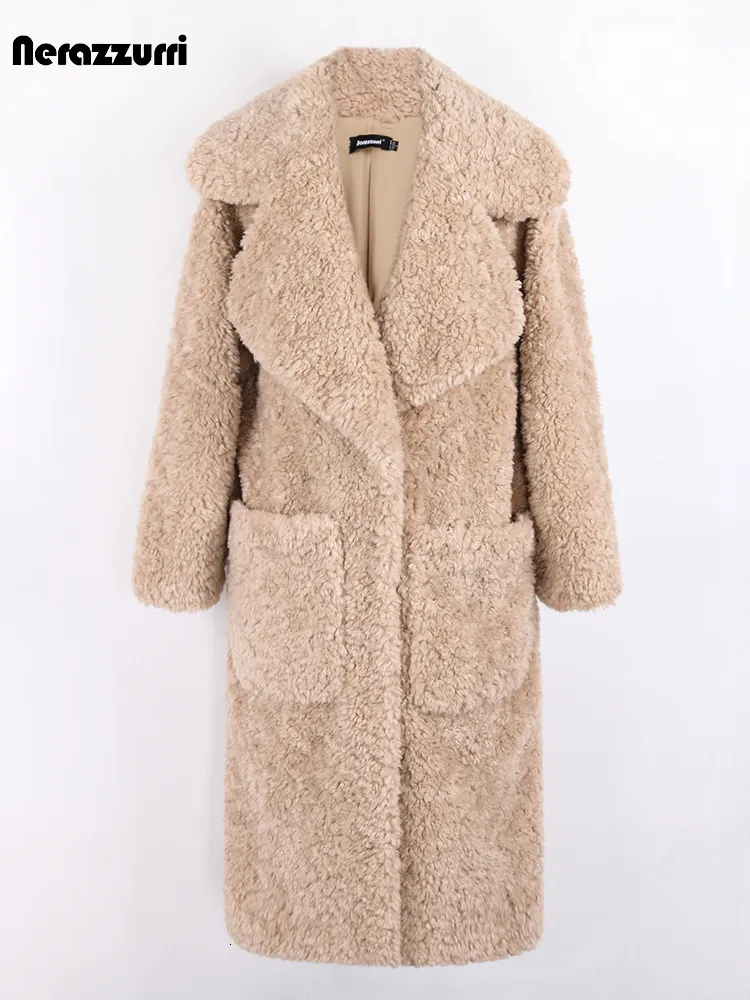 女性の毛皮のフェイクネラッツリ冬冬の長い大きさの濃い暖かい毛羽立ったふわふわソフトコート女性ポケットラペルラグジュアリーデザイナーryオーバーコート221128