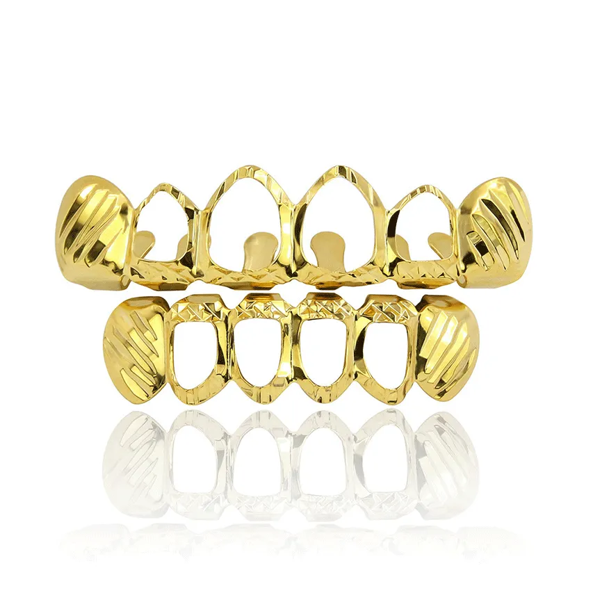 18K Gold Hammered Fang Fake Gold Teeth Grillz Hip Hop Vampire Dental Mouth Grills Brace For