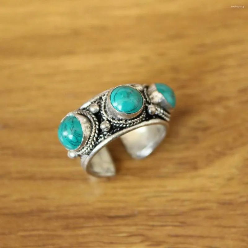 Cluster Rings RG358 Ethnic Tibetan Tibet Silver Metal Inlaid Three Turquoises Stone Beads Open Back Ring Or Thumb