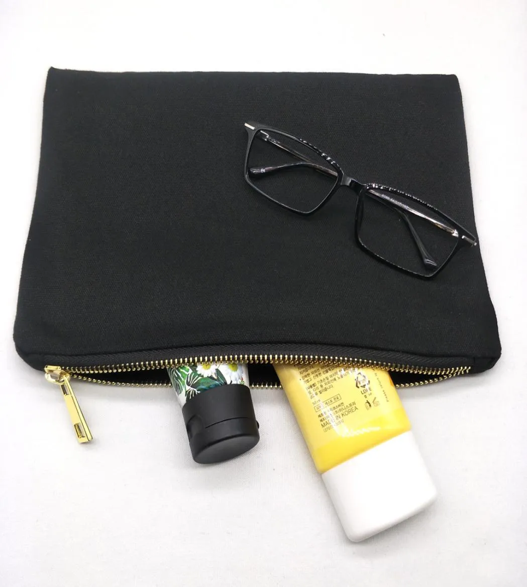 30pcslot lienzo de algodón negro liso Bolsa cosmética con revestimiento negro de lienzo en blanco Cierre de oro Bolsa de estampado personalizado Fábrica DHL S2083378