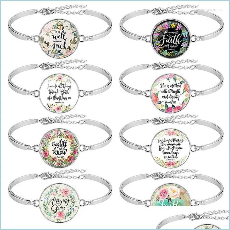 チャームブレスレット8 PCS/PACK BIBLE VERSE BRACELET SIER COLOR 25mm Art Glass Dome Christian Jewelry Faith Gift Drop D Dhgarden Dhtlk