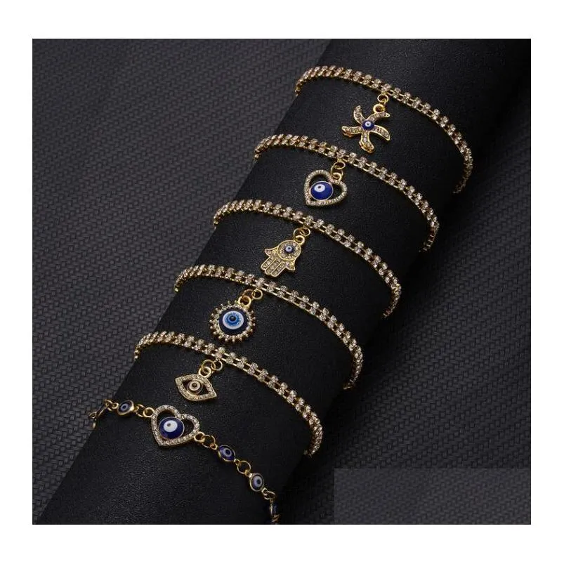 Urok bransolety niebieskie złe oko bransoletki dla kobiet ręka serce rozgwiazda urok kryształowy łańcuch tenisowy w gruzaku moda biżuteria moda dhasm
