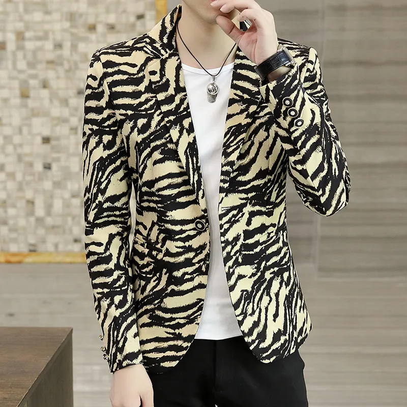 Ternos masculinos blazers homens personalidade jaqueta estilista de cabelo impresso pequeno casual coreano bonito noite mostrar zebra impressão blazer 221128