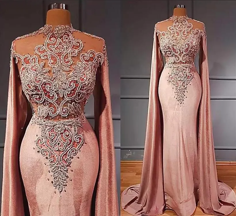 Blush Pink Veet Mermaid Sukienki balowe Sheer szyi koronkowe aplikacje plus cape rękaw Kaftan Arabic
