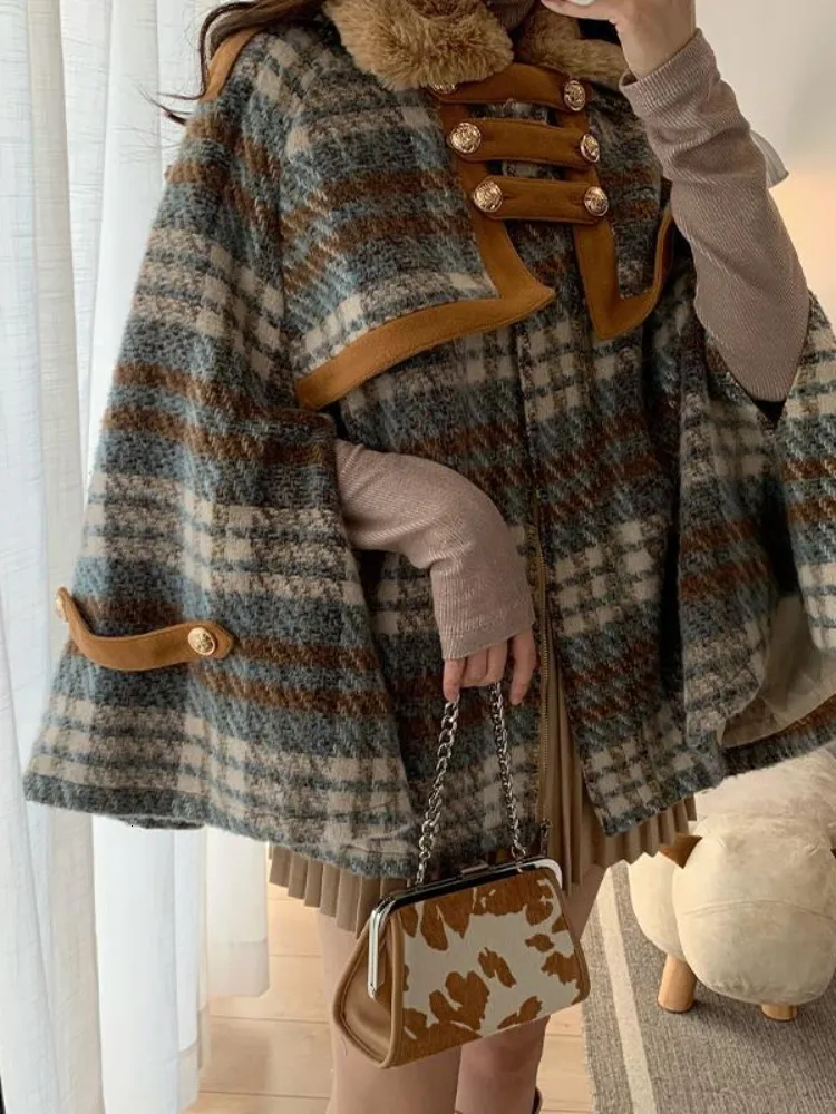 Miscele di lana da donna Xgoth Original Elegant Cape Coat Donna Inverno Oversize Vintage Plaid Top Donna High Street ispessita calda lana 221129