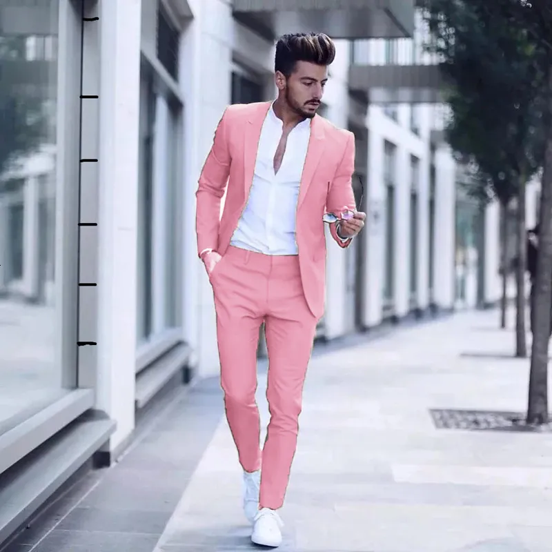 Costumes pour hommes Blazers Mode décontractée Costume d'affaires de luxe pour la fête de mariage Tuxedos Slim Fit Revers Rose MaleJacketPants 221128