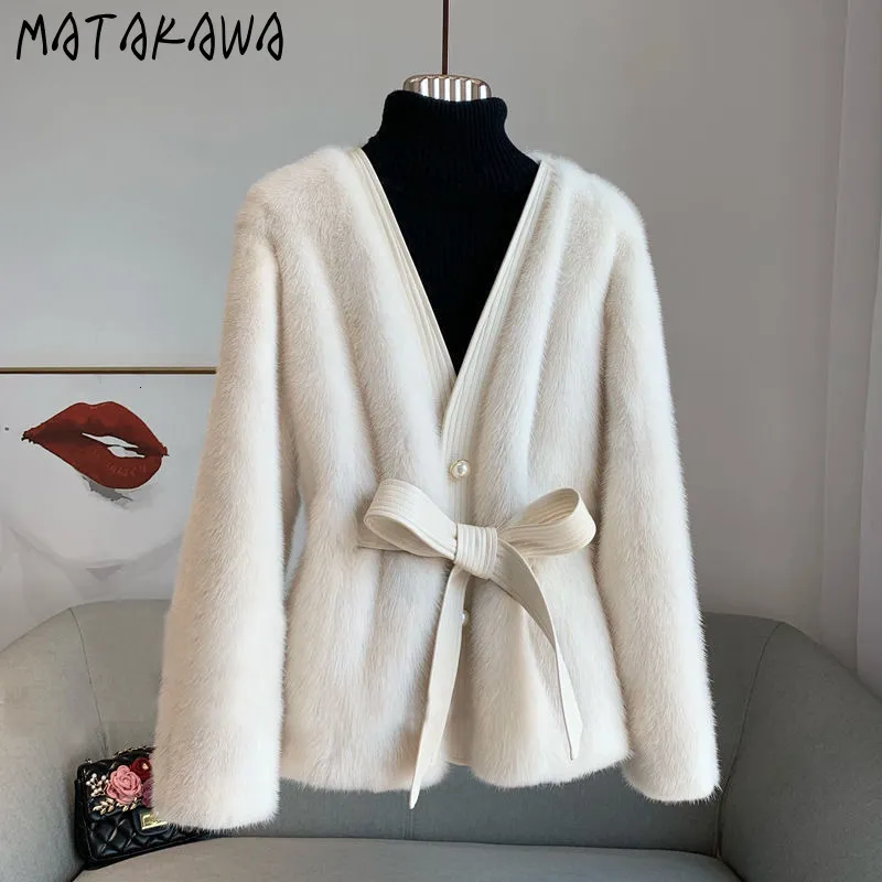 Wo Matakawa Otoño Invierno ropa Mujer visón Cachemira vendaje sólido Vintage grueso abrigos coreano cuello en V dulce Chaqueta Mujer 221129