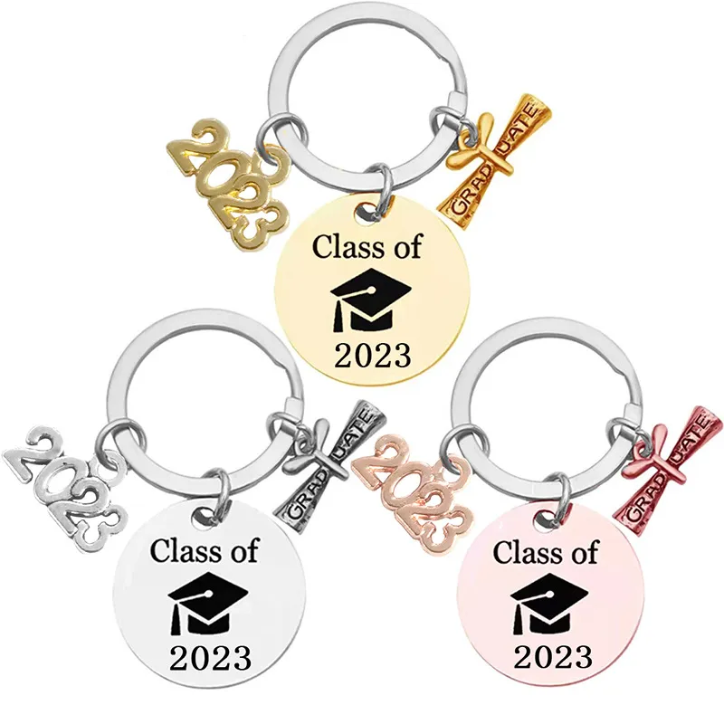 Porte-clés de remise de diplôme en acier inoxydable, pendentif, cérémonie d'ouverture, cadeaux de remise de diplôme, 25MM, 2023