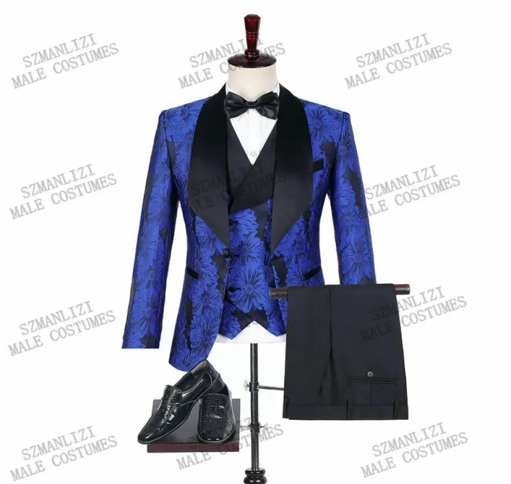 Последние дизайны брюки 2020 Мужские набор для свадебных костюмов Королевский синий цветочный рисунок