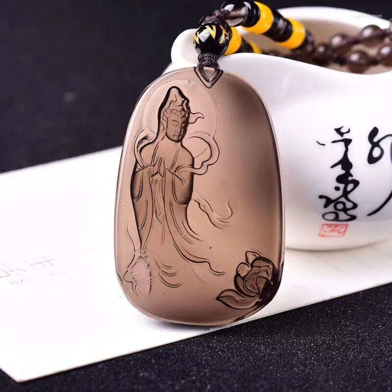 Anhänger Halsketten Großhandel Schwarz Natürlicher Obsidian Geschnitzter Guanyin Buddha mit Perlen Pullover Kette Halskette Kristallschmuck