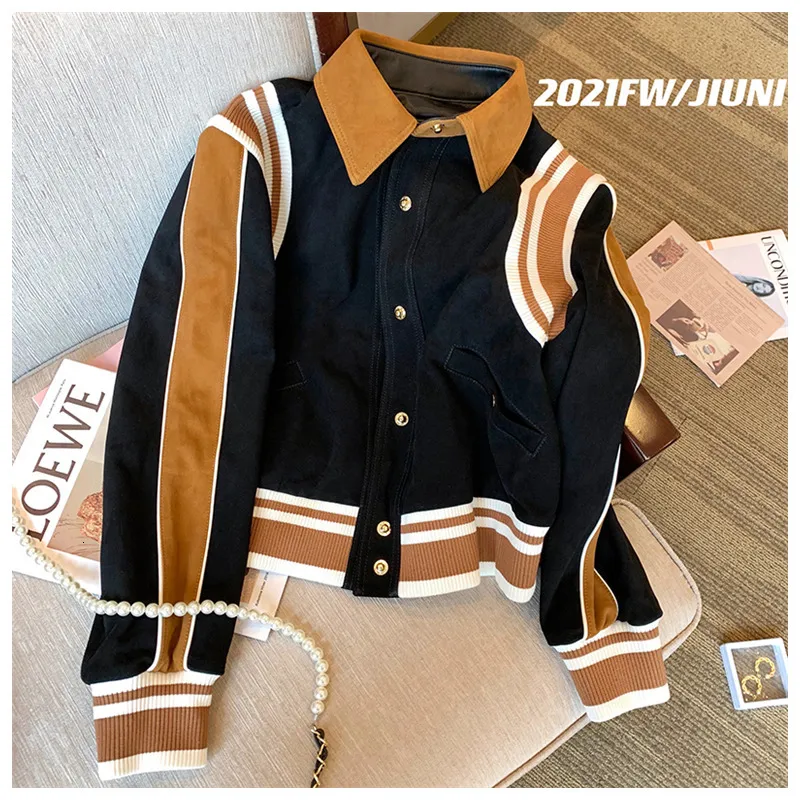 Men's Jackets Baseball Uniform Women's Loose Casual Retro American Stitching Short Top Polo Collar Long-sleeved Coat 221128