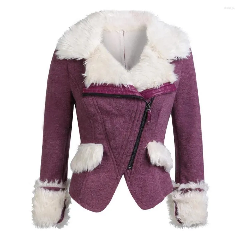 Women's Jackets SX Women Purple Turn Down Collar Lambswool Outerwear Slim Winter Clothing Warm Blends Female Elegant Coat