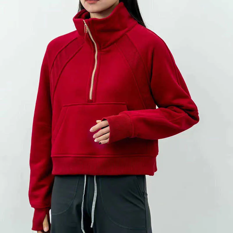 Yogaoutfits LU-99 Kvinnor Fitness Huvtröjor Löparjacka Dam Sport Halv dragkedja Sweatshirt tjock Lös Kort kappa med fleece tumhål Sportkläder