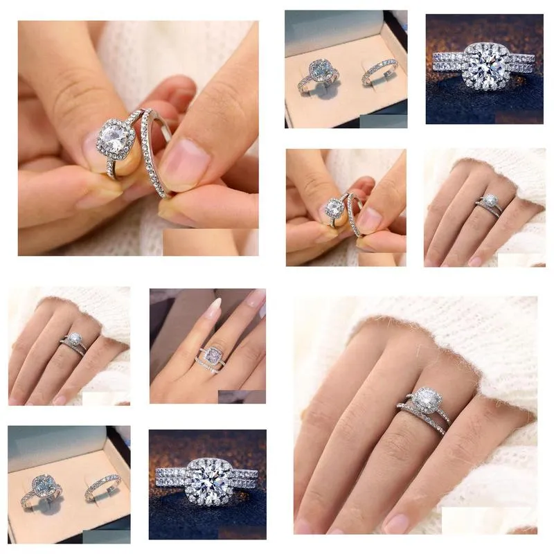 Anelli a fascia 2 pezzi / set Anelli per le donne Coppia Cubic Zirconia Anello quadrato Amanti Gioielli Nuziale Matrimonio Fidanzamento Gioielli romantici Gif Dhxqe