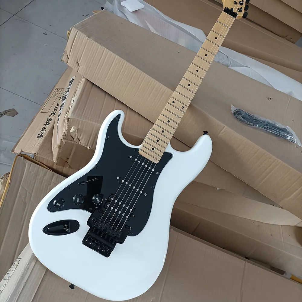 Sol El 6 Dizeler Floyd Rose Maple Fretboard ile Beyaz Elektro Gitar Özelleştirilebilir