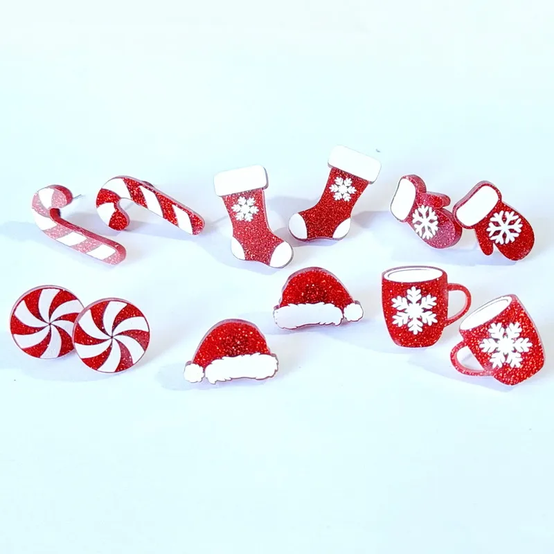 Brincos de pântano de Natal Luvas de xícara fofas Brincos de flocos de neve a laser de corte vermelho acrílico Ano novo Presente de joias de aniversário