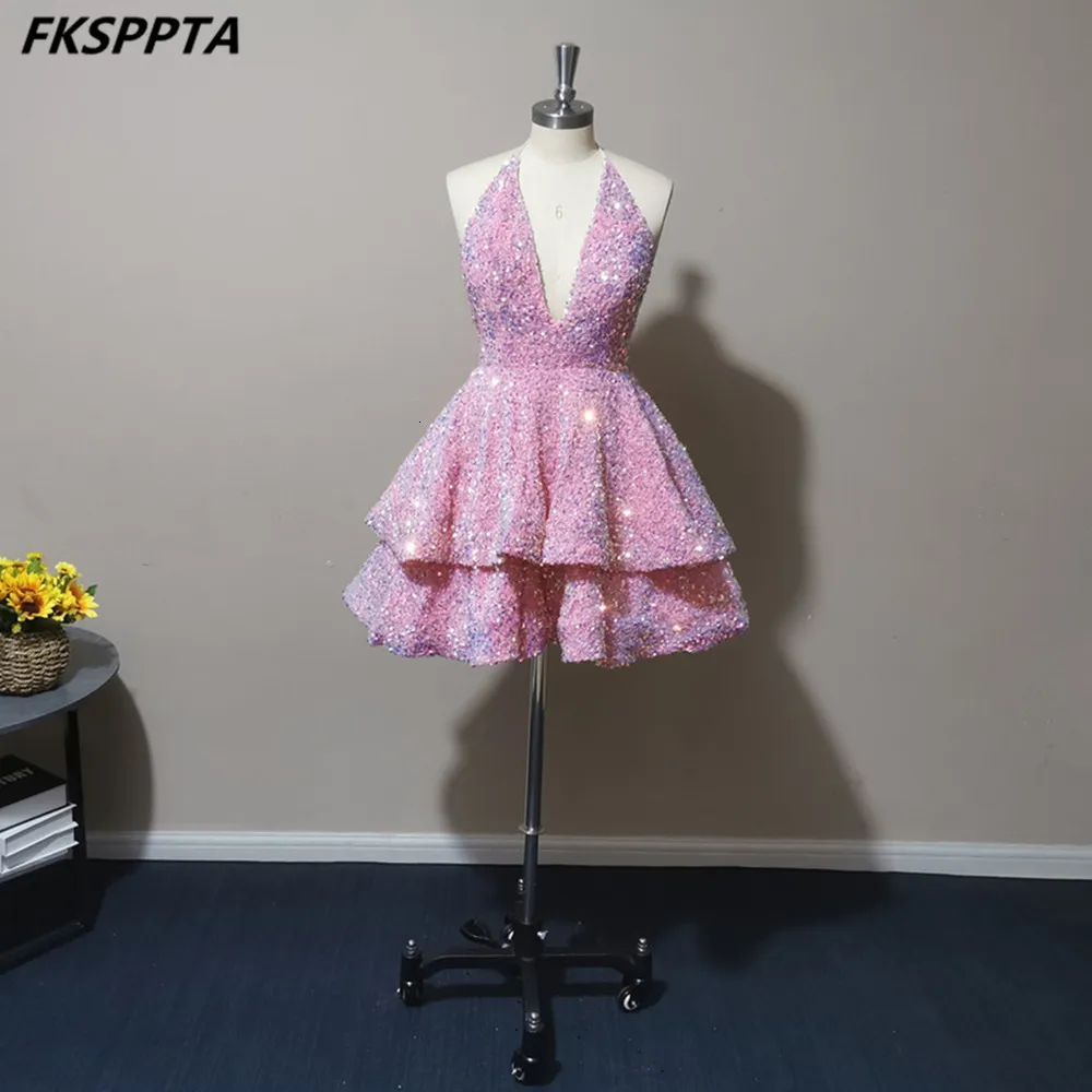 Feestjurken sexy roze short prom backless gelaagde rok rekbare pailletten verjaardag jurken voor avond gewaad de soiree groothandel 221128