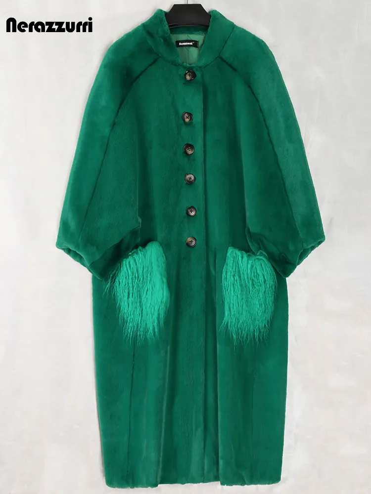 Women s Fur Faux Nerazzurri Oversized Green Long Fluffy Coat Women Bat Sleeve with Mongolian Pockets ry Coats Korean Fashion 221128