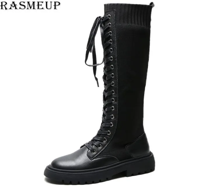 Rasmeup Leather Kintted Elastic Women039s Knee High Boots 2020 Women Platform Avvolgimento Long Up Lady Chunky Shoes Plus SI2756293
