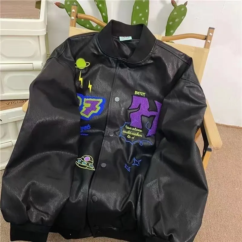 Wo Vintage American Y2k High Street Letters Embroidered Leather Baseball Jerseys Women Couples Lazy Fashion Loose 221129