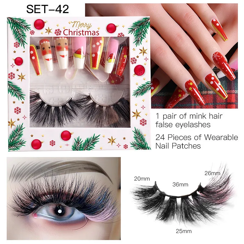 24Pcs/Set Reusable False Nail Tips Full Cover 3D Mink Eyelashes With Fake Nails Set Christmas Makeup Tools