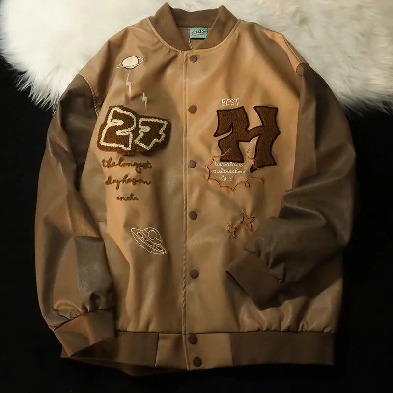 Herrjackor amerikansk broderad baseball uniform jacka manlig ins trend lös hiphop alla matcher par pu läder kvinnlig 221129