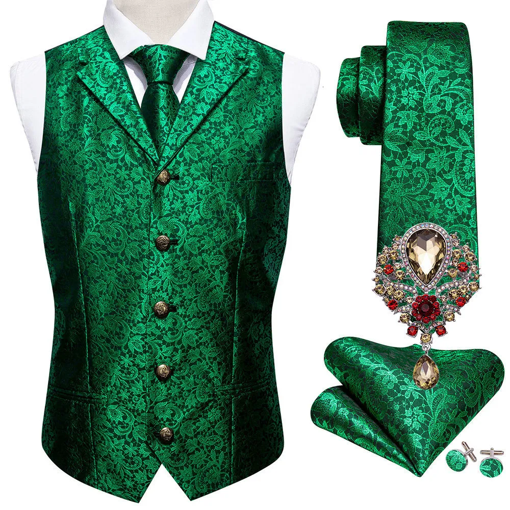 Men's Vests S-3XL Business Mens Suit Vest Lapel V Neck Silk Casual Green Floral Waistcoat Formal Groomsman Jacket For Men Wedding 221128