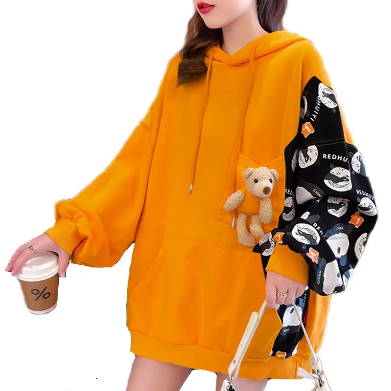 Kadın Hoodies Sweatshirts Sonbahar Sevimli Panda Baskı Patchwork Renkleri Kadın Hooded Sweatshirt Sıradan Büyük Boyutlu Külot Üst Cep Ayı Dolls Kawaii 221129