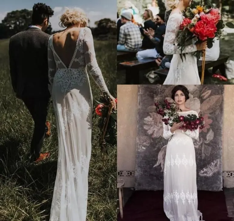 Robes de mariée boho robe nuptiale manches longues en dentelle applique scoop cou sexy sans balayage