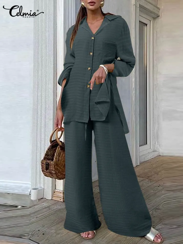 여자 2 피스 팬츠 셀비아 여성 2 pcs 세트 견고한 패션 옷깃 칼라 긴 슬리브 셔츠와 넓은 다리 팬츠 캐주얼 한 느슨한 포켓 슬릿 정장 221128