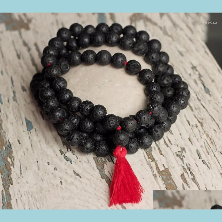 Collane con ciondolo 108 Mala Bead Natural 6Mm Lava Stone Buddha Collana Gioielli spirituali Nappa lunga Goccia annodata nera Deli Dhgarden Dhnye