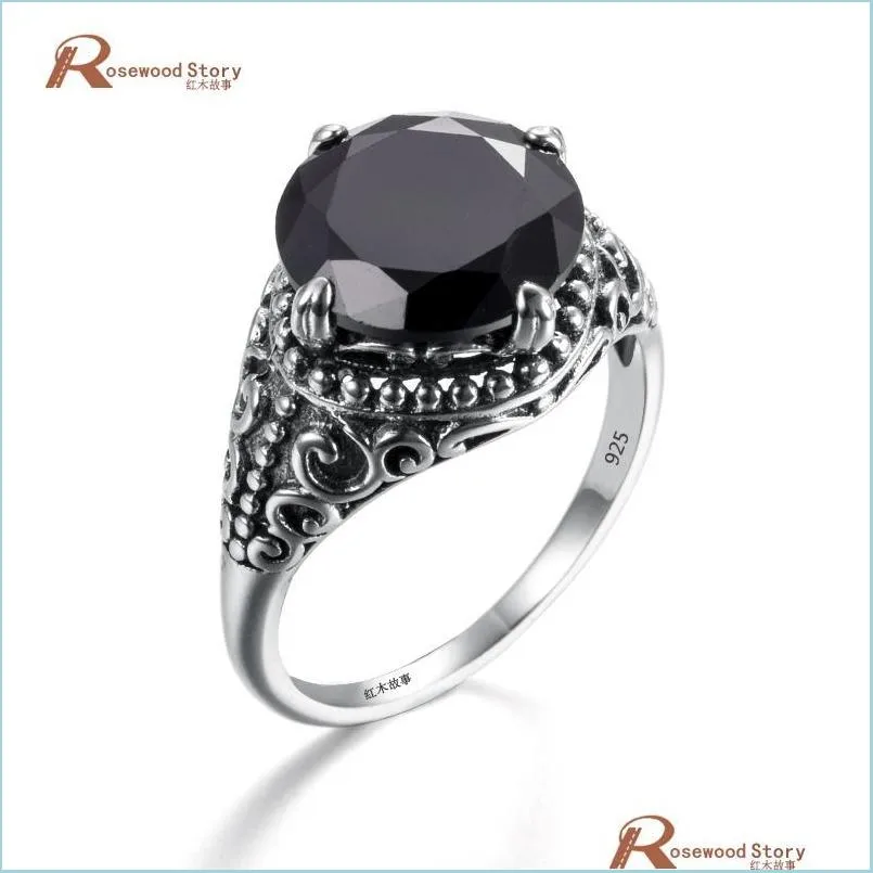 Ringos de cluster Rings de cluster Black Obsidiano Cubic Zirconia Ring Mulheres homens selvagens Antique 925 Sterling Sier Cocktail Party Fashi Dhgarden DHC3L