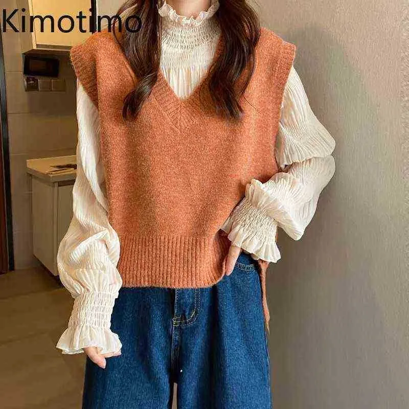 여자 스웨이터 kimotimo solid vhals sweater vest 여자 가을 패션 복장 슬리빙 조끼 스웨터 Korean Ins allcompetition knitted vests j220915