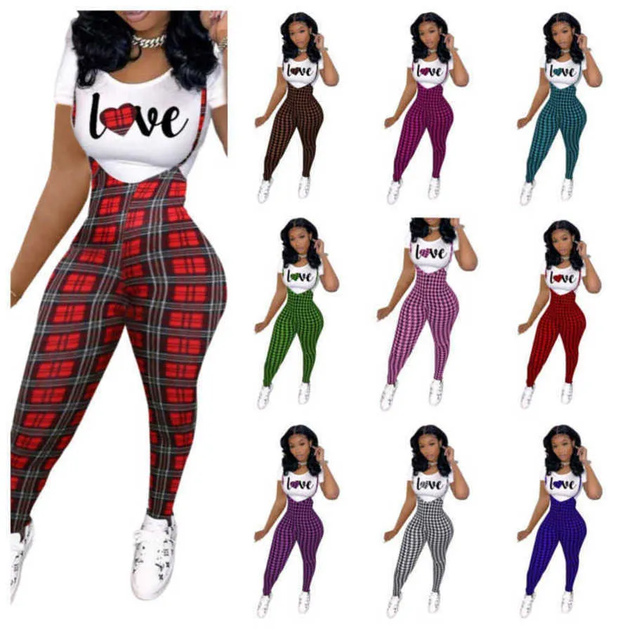 Designer Valentine Day Tracksuits Fashion Mönster Tryckt kortärmad t-shirt och Suspender Jumpsuit Tvådelt jogger set kvinnliga kläder