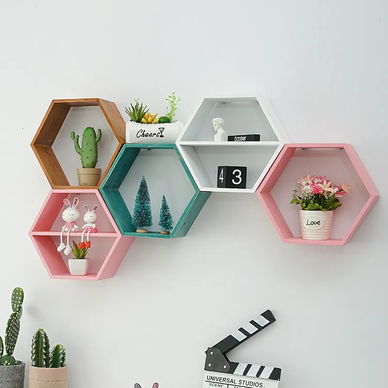 Novelty Items Nordic Style Wooden Decor Wall Mount Hexagonal Frame Books Toys Flower Pot Storage Shelf Holder Figurines Display Crafts Shelves 221129