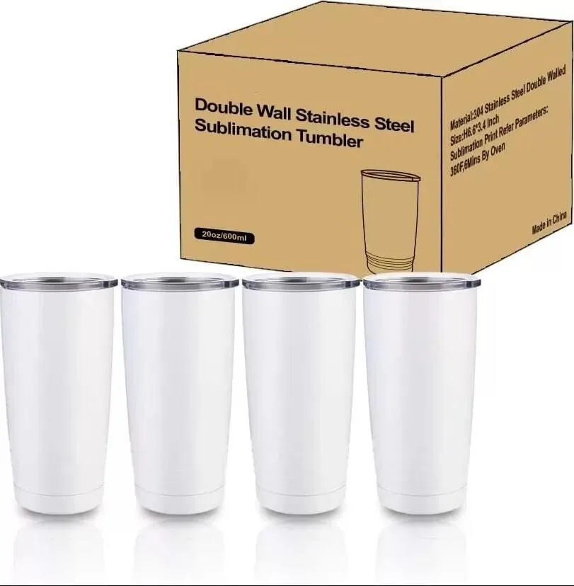 Sublimação DIY em branco Tumbler Branco de 20 oz de aço inoxidável Viagem de café com sublimação de tampa para transferência de calor