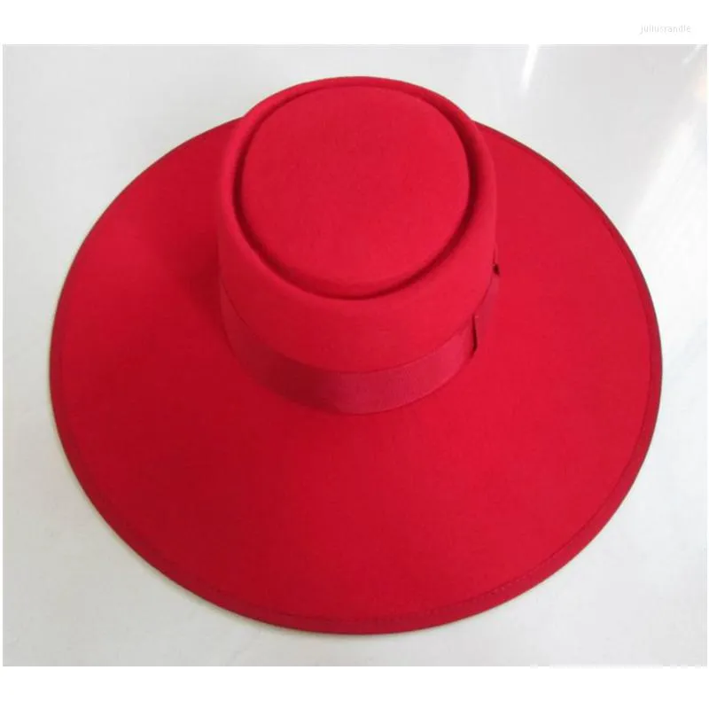 Basker röd hatt ull filt platt mössa 11,5 cm fedoror för kvinnor eleganta hattar breda rim fedora