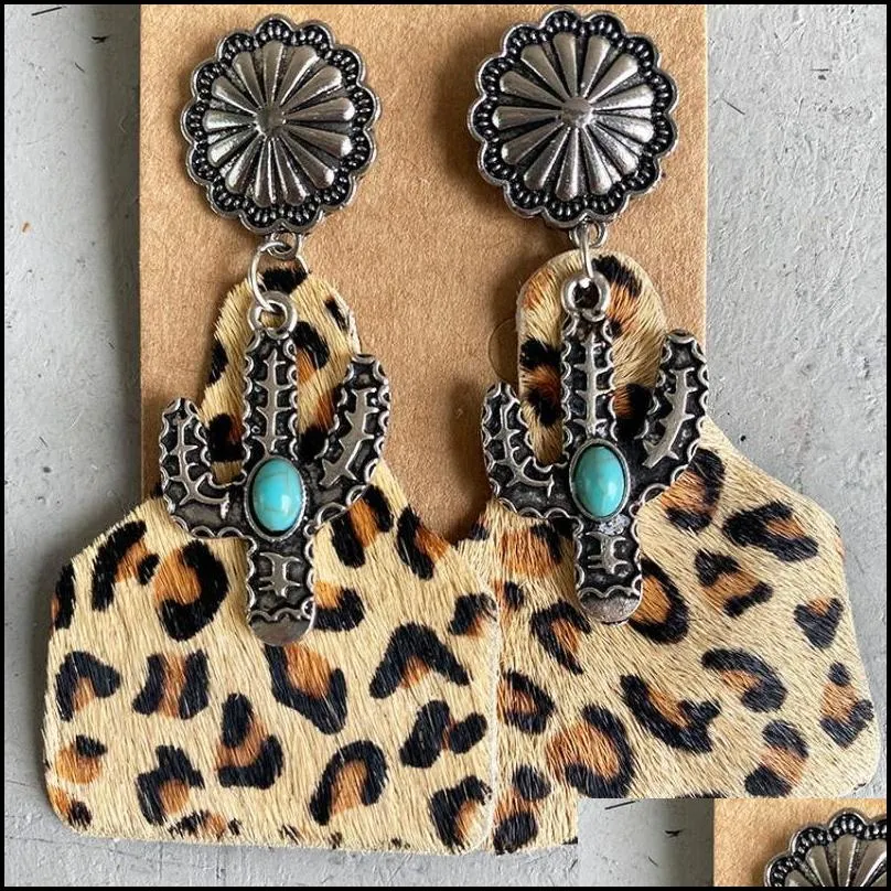 Dangle żyrandol Vintage Sier Cushaw Flower Turquoise Cactus Kolczyki oryginalna skórzana krowa etykieta dla kobiet western biżuteria Dr dhgard347w