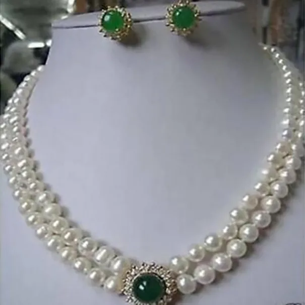 NEUE Mode Neues Schmuckstück Echt 8-9 mm weißer Perlengrün Jade Halskette Ohrring
