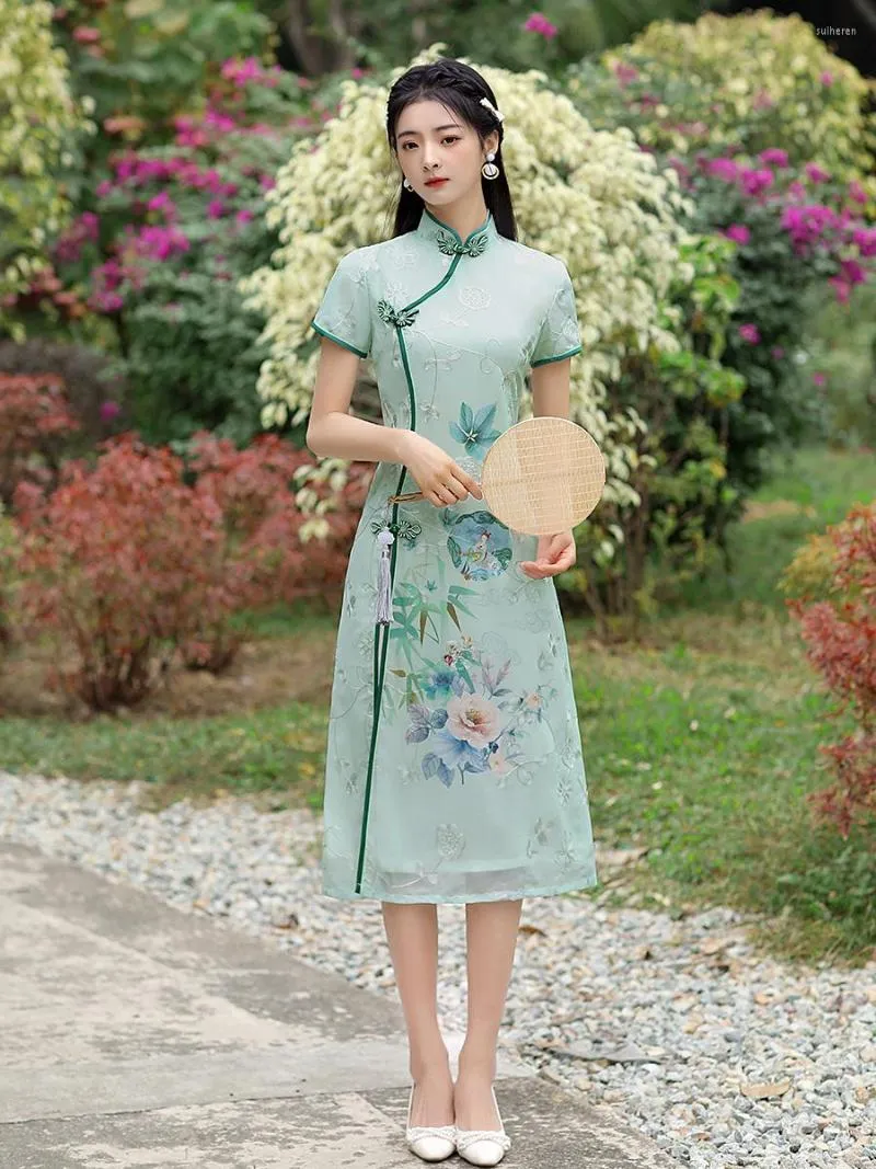 Roupas étnicas elegantes mangas curtas bordados chiffon dividir aodai cheongsam tradicional colarinho mandarim qipao retro vestido de mulheres chinesas